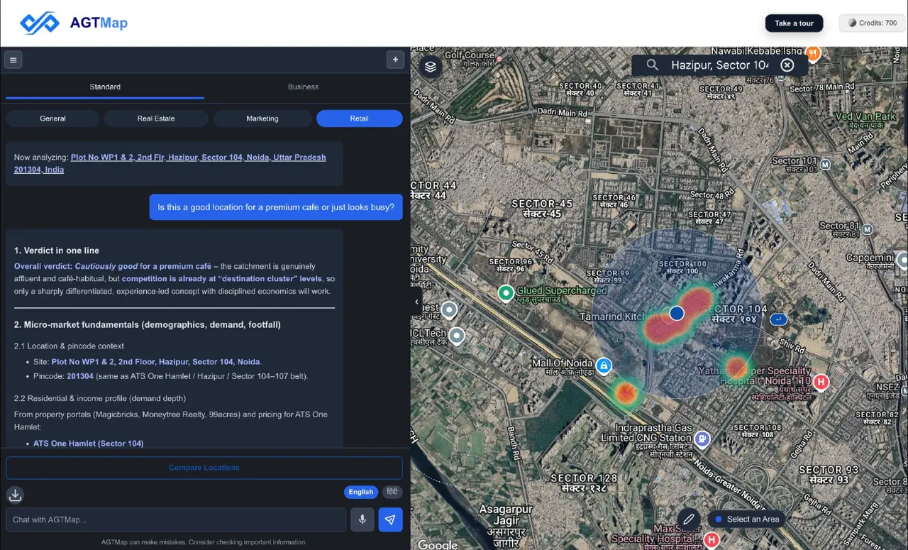 AGT Map analysing retail viability for a premium café in Sector 104, Noida — with footfall heatmap over satellite imagery