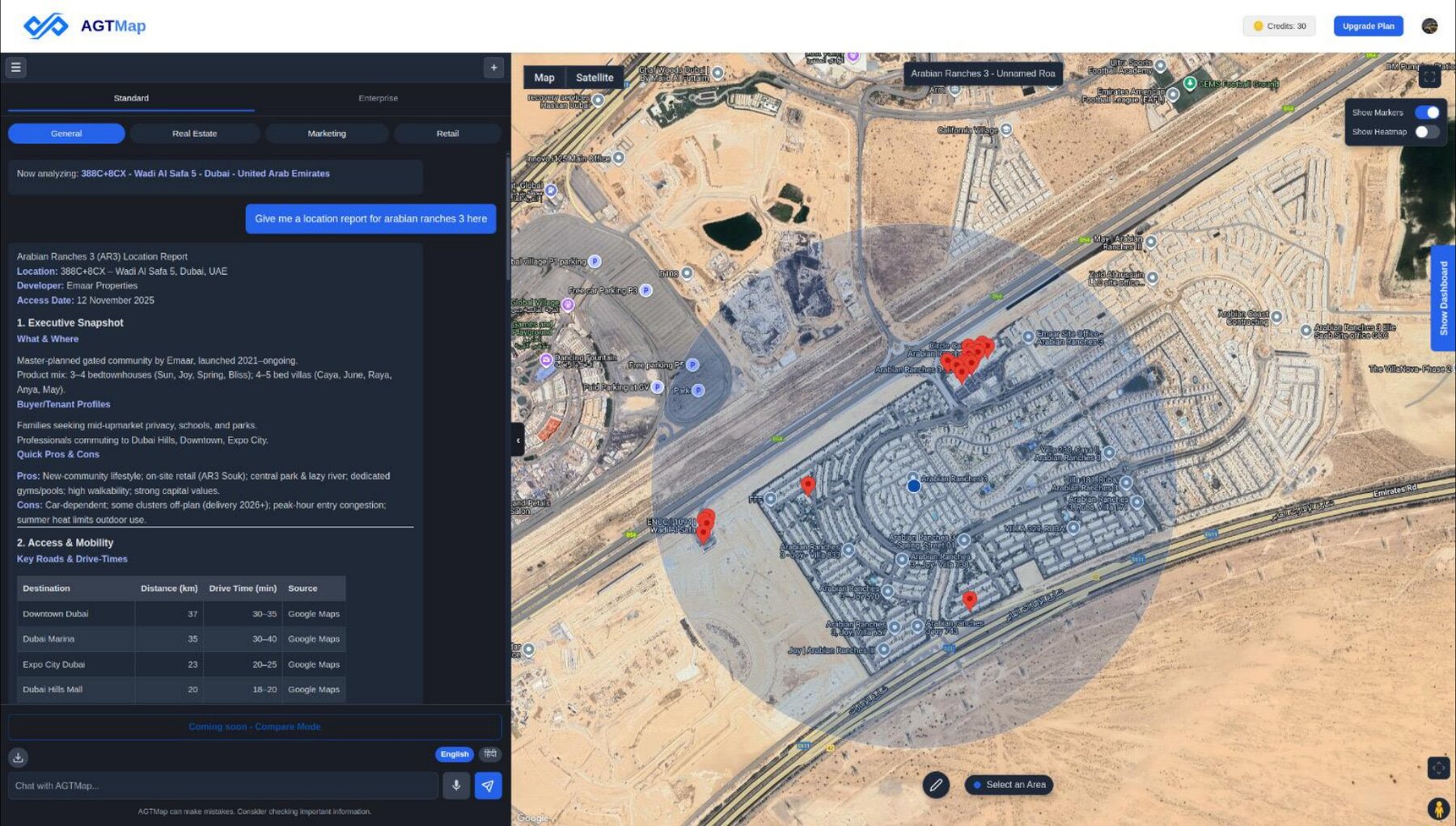 AGT Map producing a location report for a site in Dubai, UAE