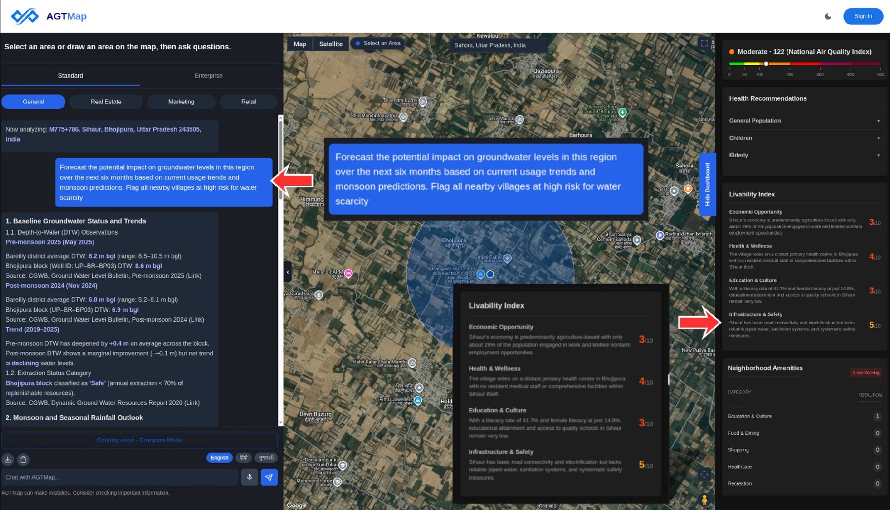AGT Map forecasting groundwater levels alongside a livability index panel