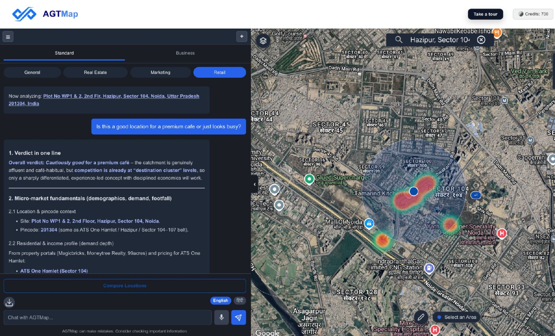 AGT Map assessing a retail catchment in Noida with a footfall heatmap