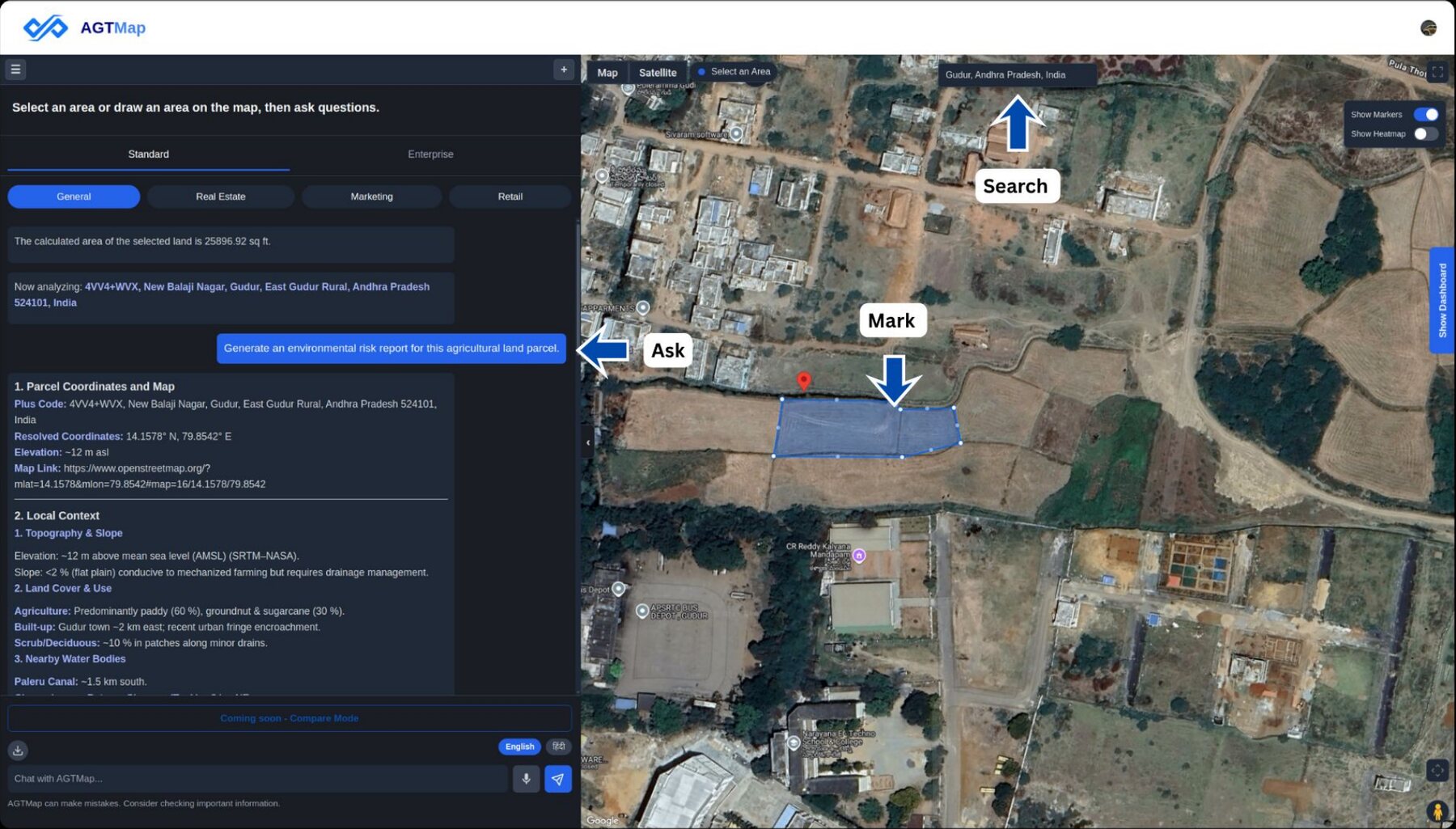 The AGTMap workspace: search for a place, mark an area on the map, and ask a question about it