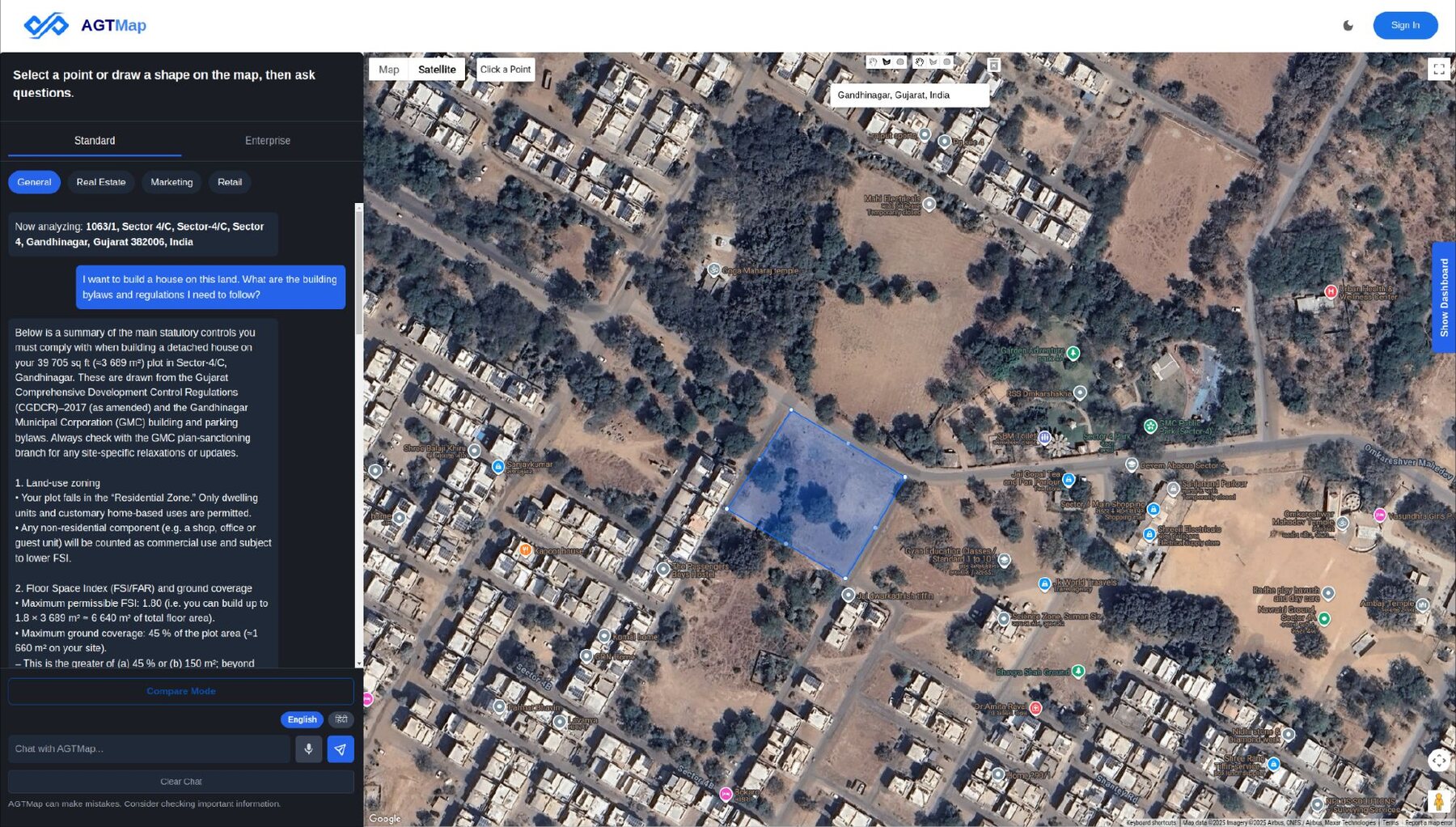AGT Map answering a zoning and setback question for a plot in Gandhinagar, Gujarat